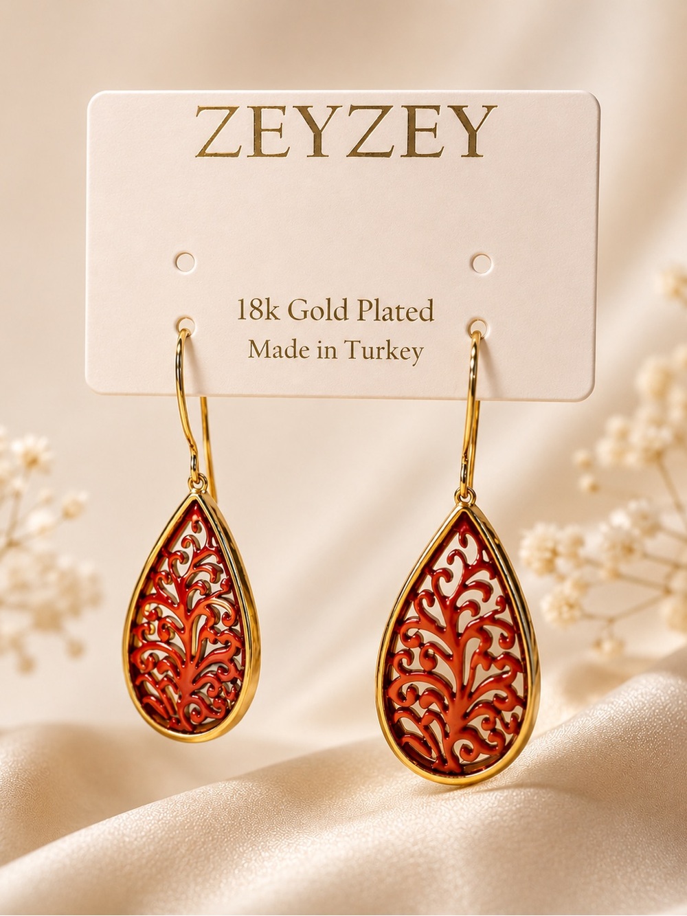 18k Gold Plated Red Teardrop Filigree Earrings